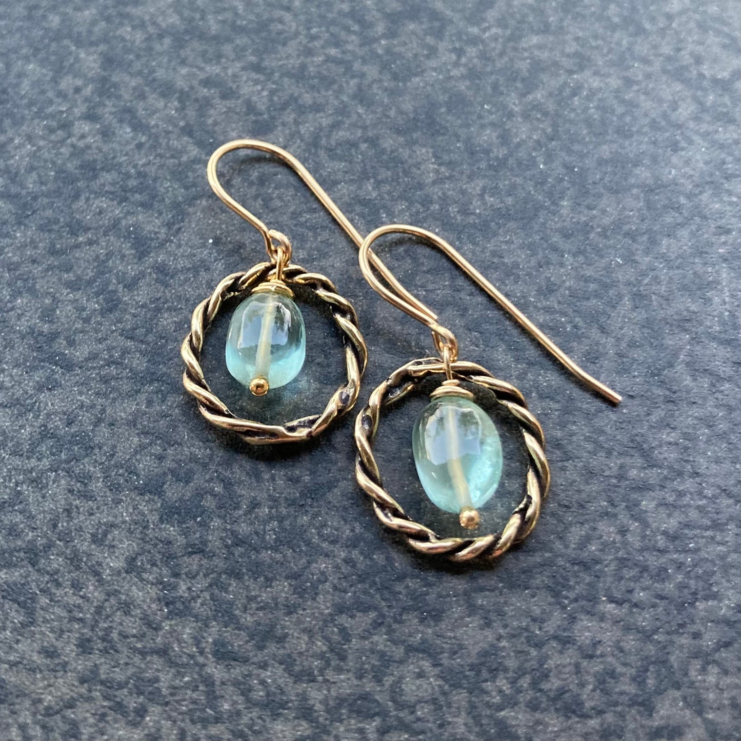 Moss Aquamarine & Bronze Twisted Hoops