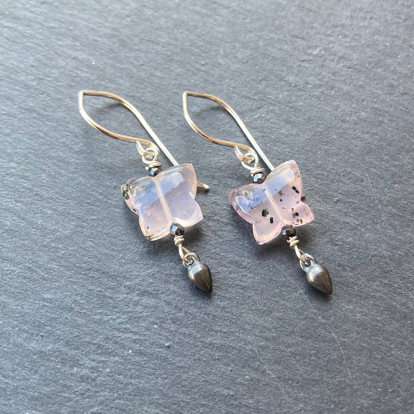 Hematite in Rose Quartz & Sterling Silver Butterfly Earrings