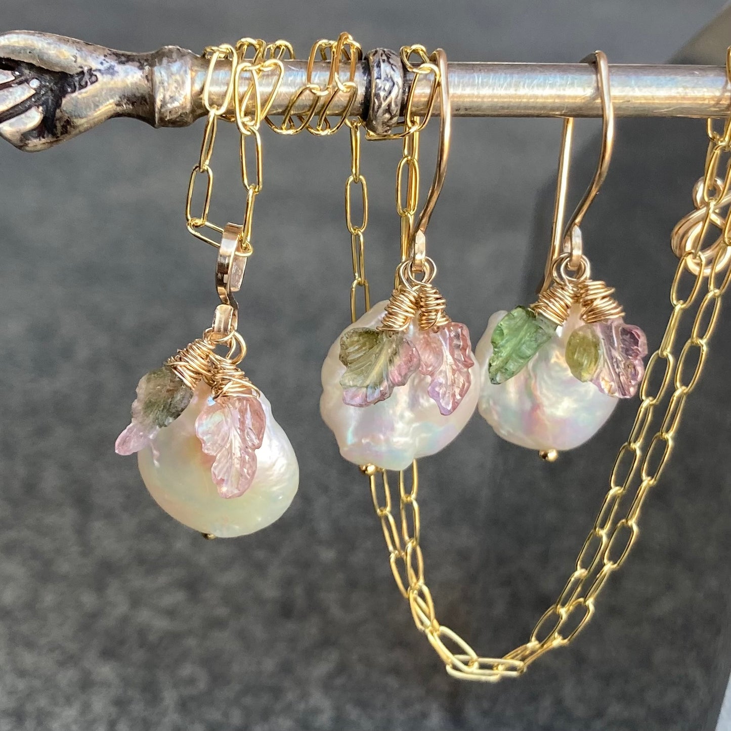 Watermelon Tourmaline Freshwater Coin Pearl & Gold Leaf Earrings