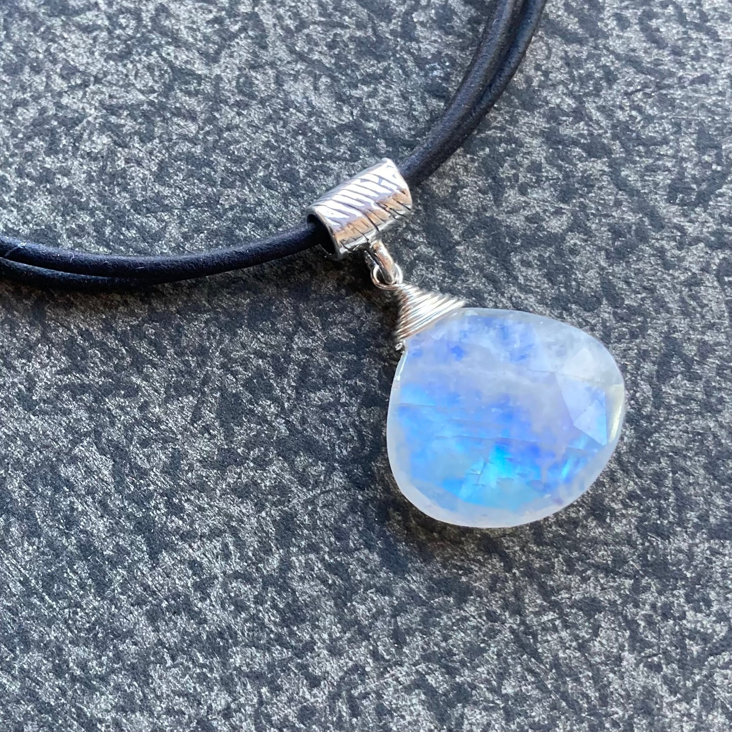 Rainbow Moonstone & Sterling Silver Leather Choker