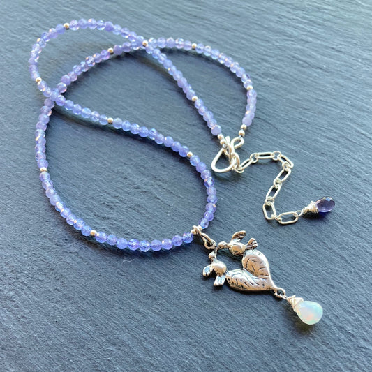 Tanzanite, Ethiopian Opal & Sterling Silver Love Birds Pendant Choker