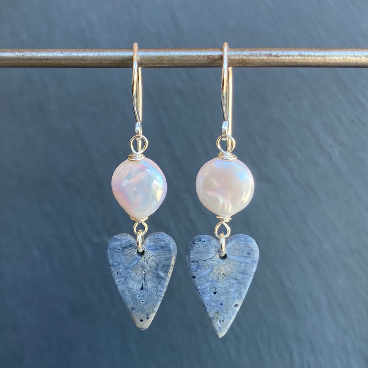 Freshwater Pearl, Sterling Silver & Blue Sponge Coral Heart Earrings