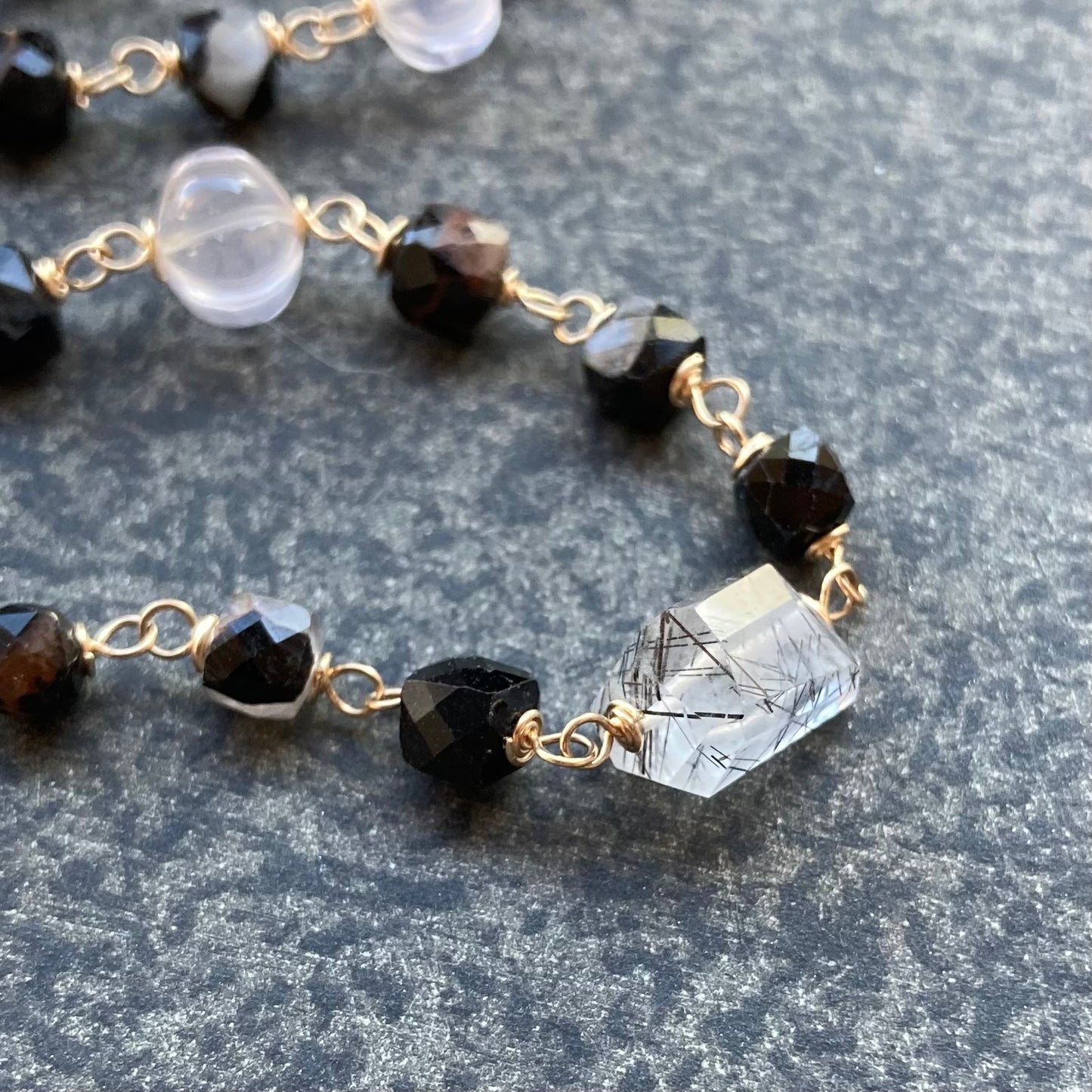 Black Rutilated Quartz, Rose Quartz, Black Tourmaline & Mixed Metal Necklace