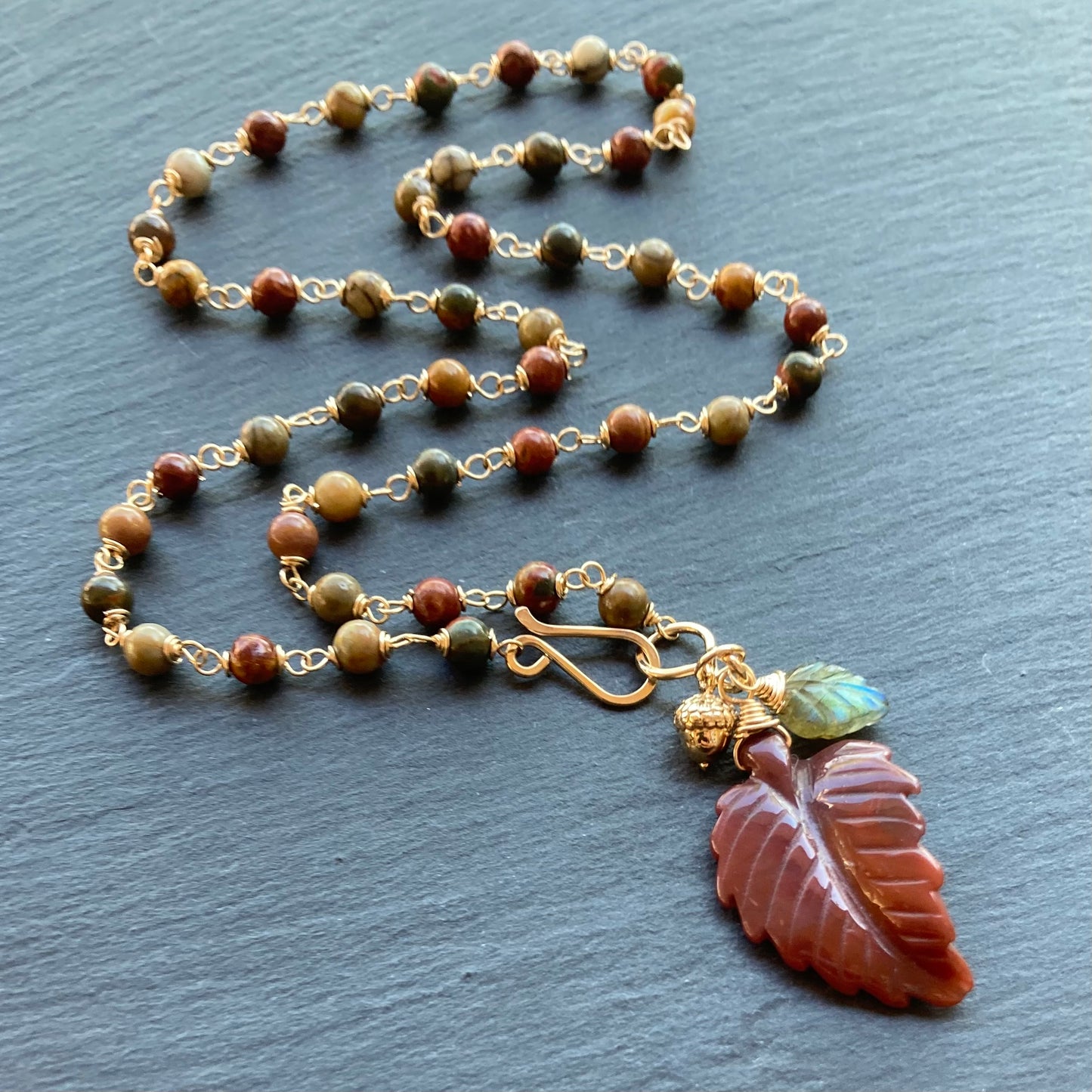 Red Creek Jasper, Gold & Indian Agate Autumn Leaf Pendant Necklace