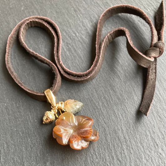 Carnelian & Bronze Autumn Bloom Deertan Leather Charm Choker