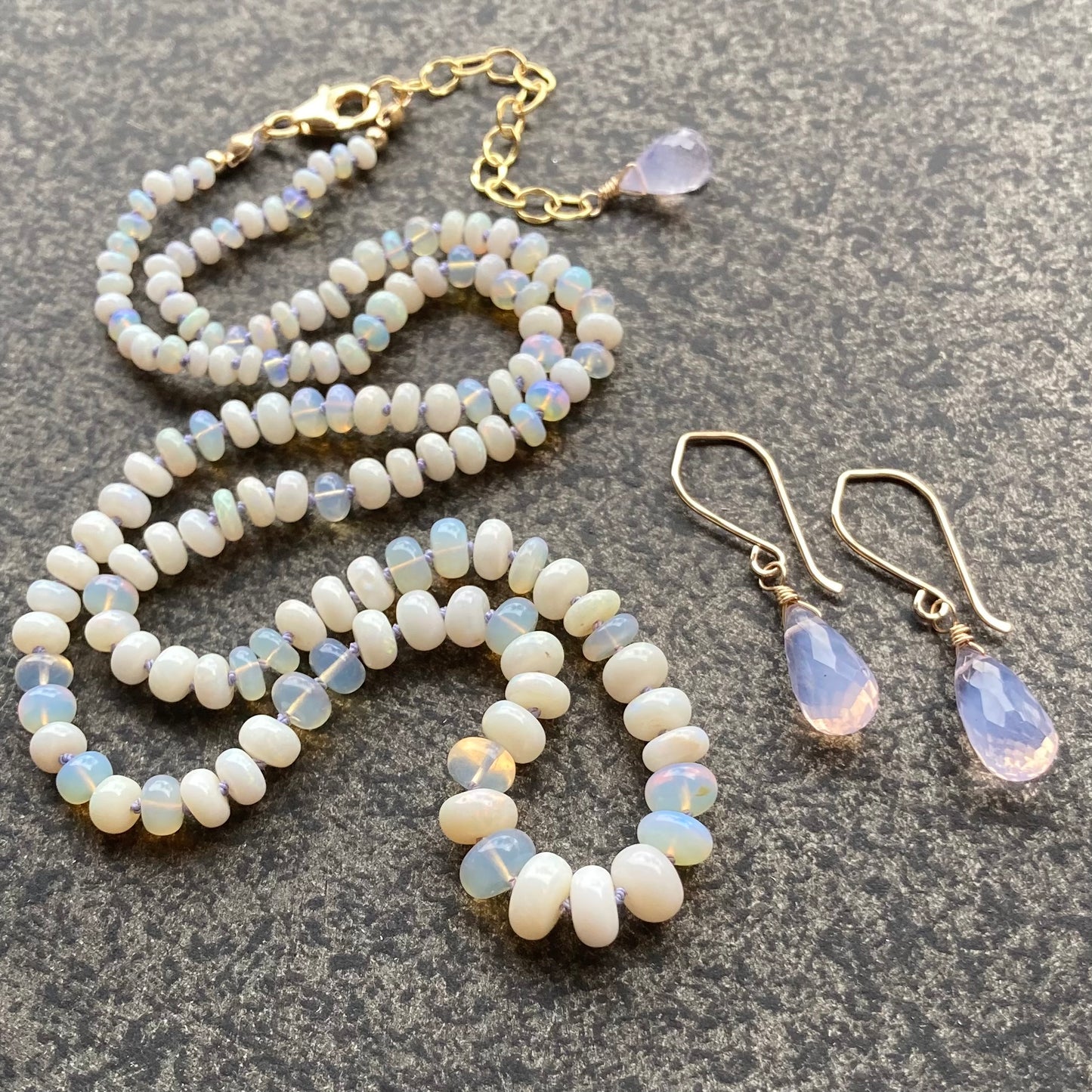 Australian Opal Hand Knotted Lilac Silk Necklace