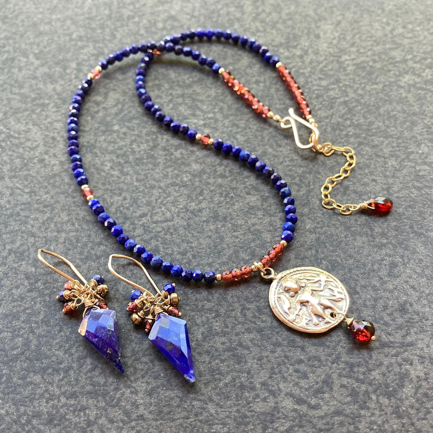 Lapis, Mozambique Garnet, Gold & Bronze Durga Warrior Goddess Necklace