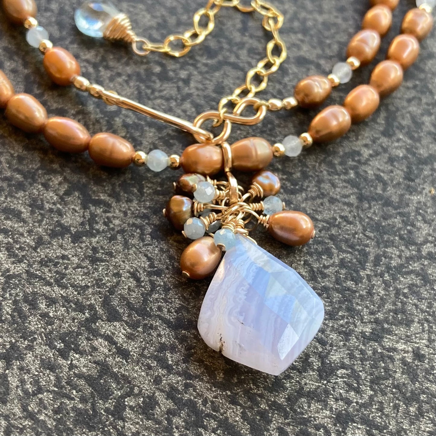 Blue Lace Agate, Copper Pearl & Aquamarine Pendant Necklace