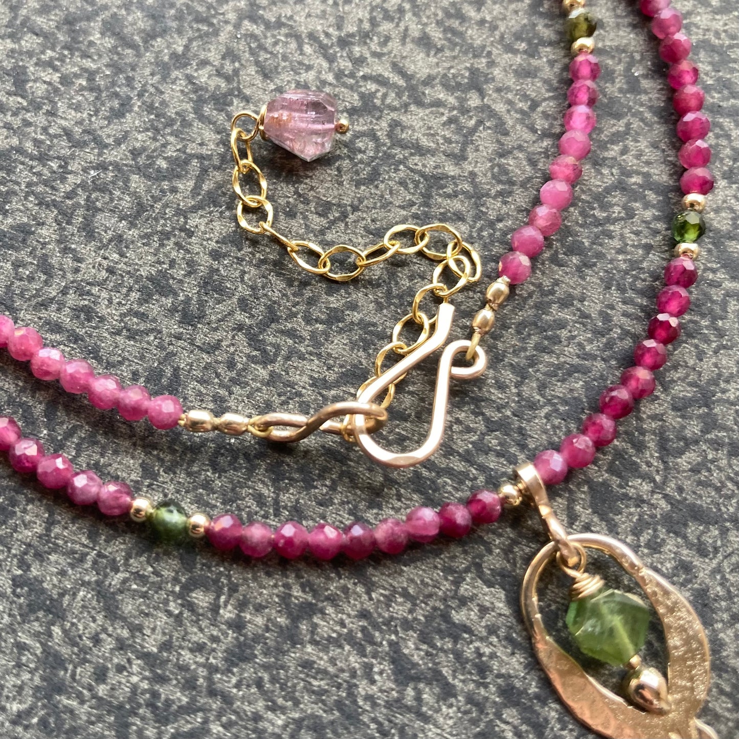 Watermelon Tourmaline, Gold & Bronze Goddess Pendant Choker