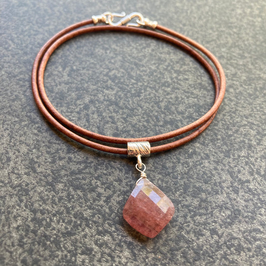 Strawberry Quartz & Sterling Silver Leather Choker