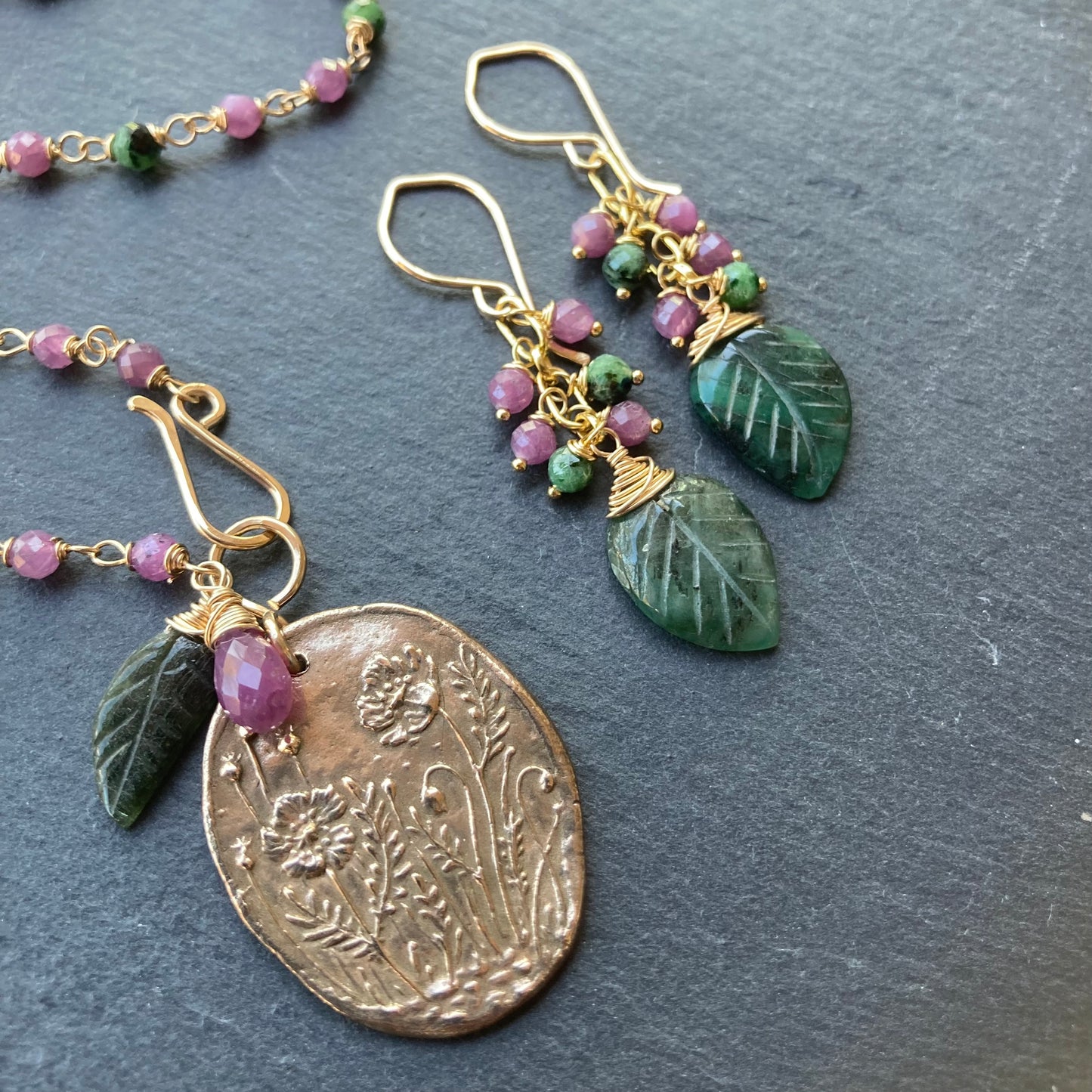 Emerald, Ruby Zoisite & Gold Earrings