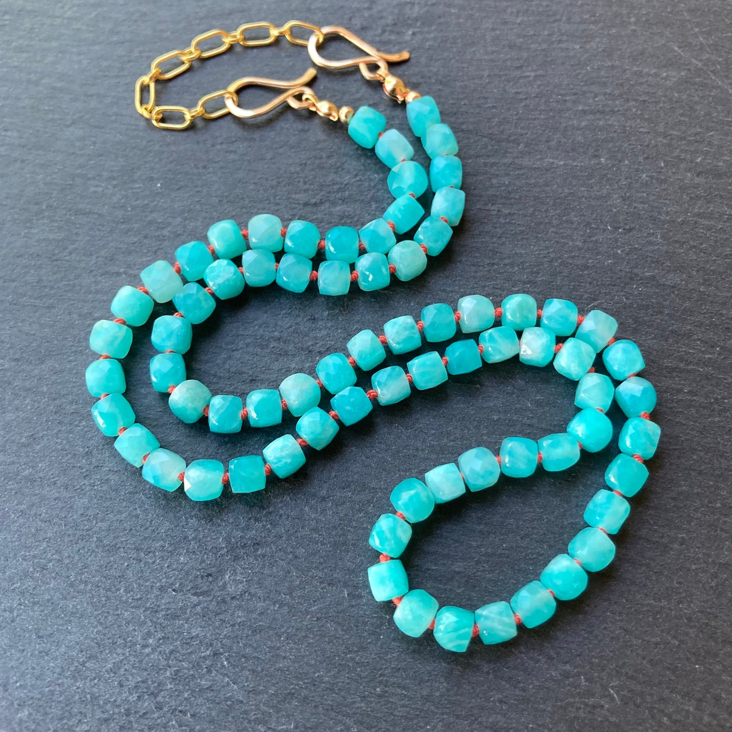 Amazonite Hand Knotted Coral Silk Necklace with Removable Kingman Turquoise & Spiny Oyster Pendant