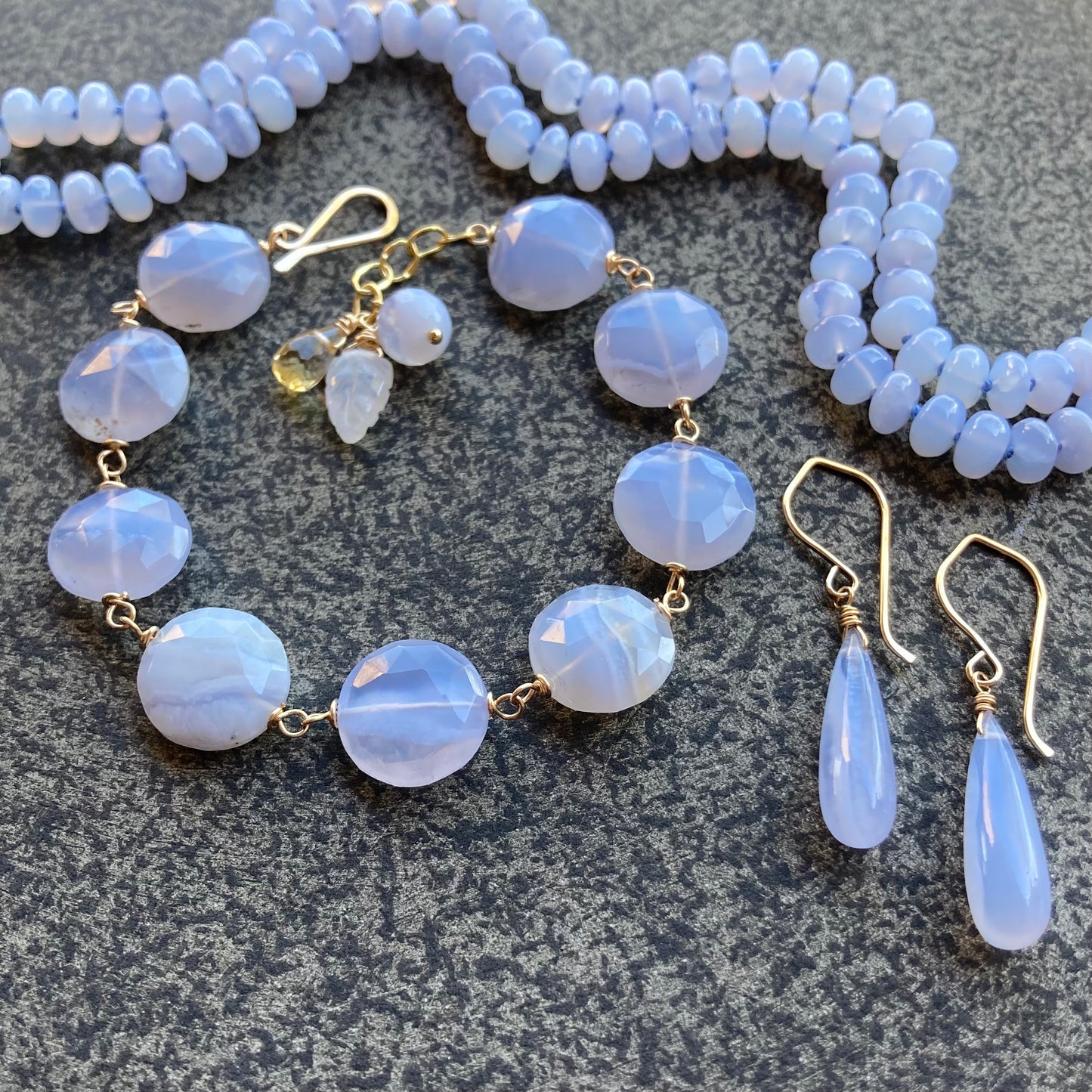 Blue Lace Agate & Gold Multi Gem Charm Bracelet