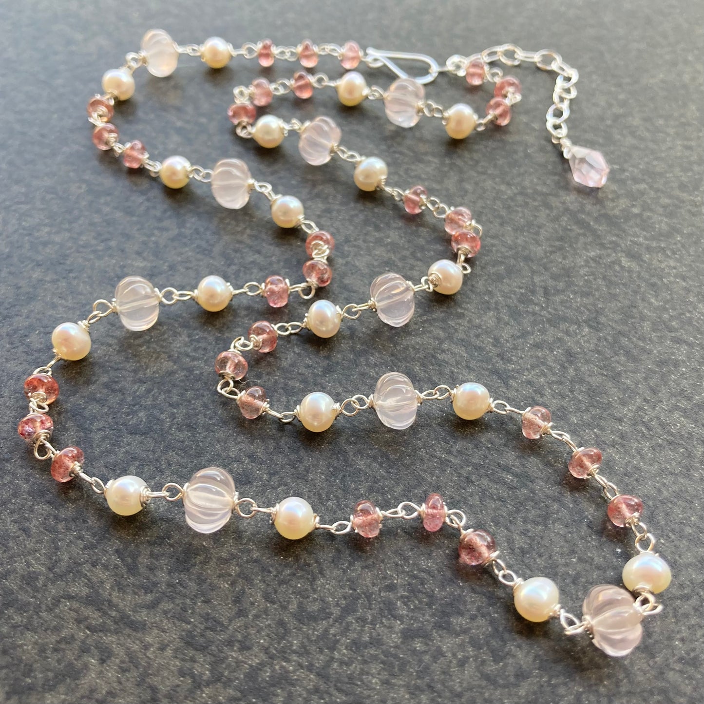 Rose Quartz, Strawberry Quartz, Vintage Freshwater Pearl & Sterling Silver Necklace