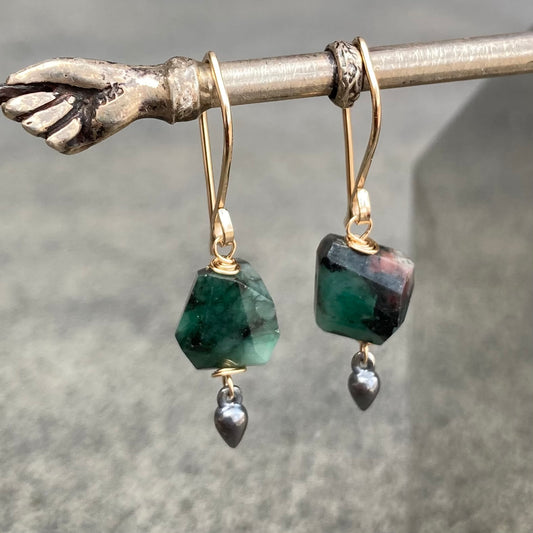 Natural Emerald & Mixed Metal Earrings