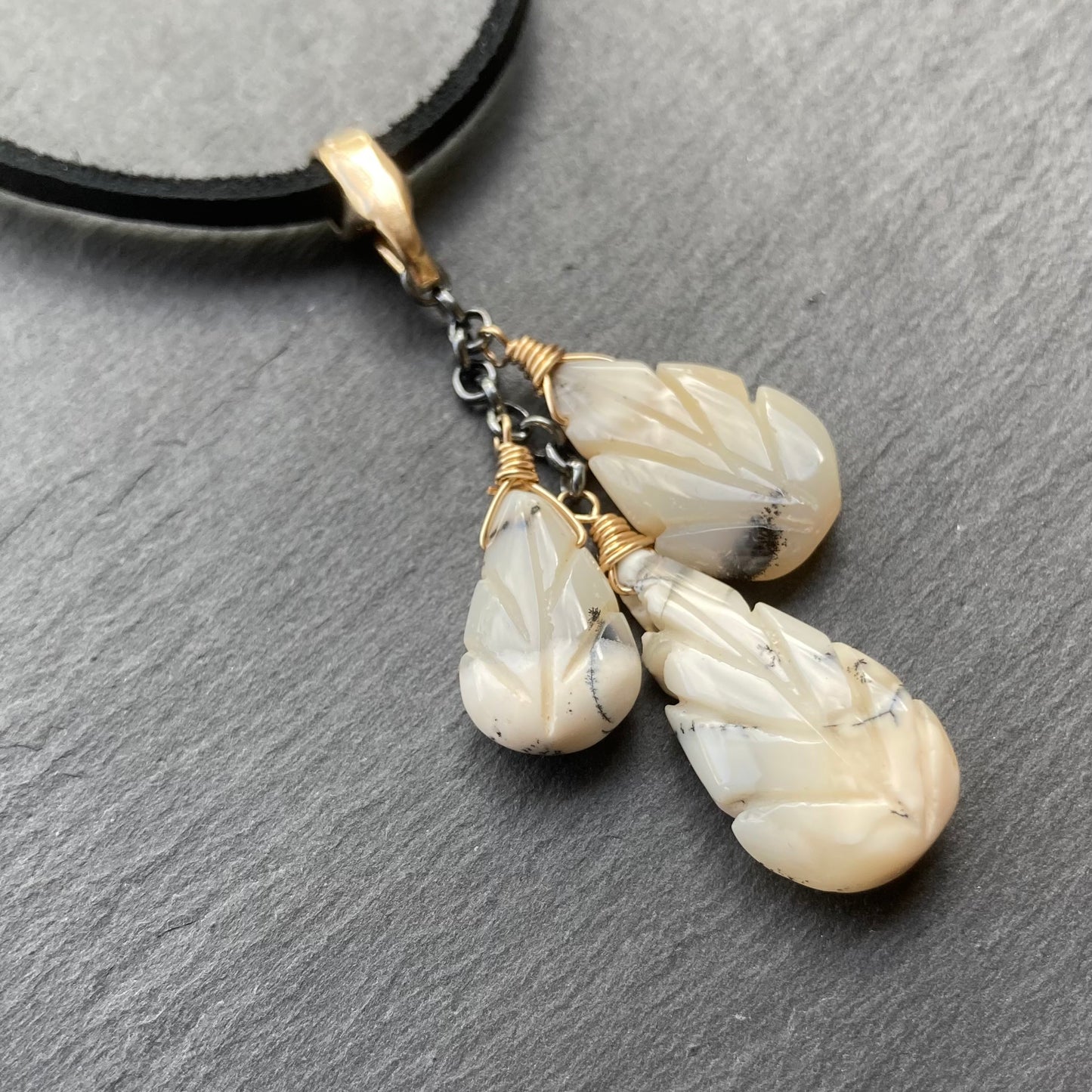 Dendritic Opal & Mixed Metal Deerskin Leather Choker