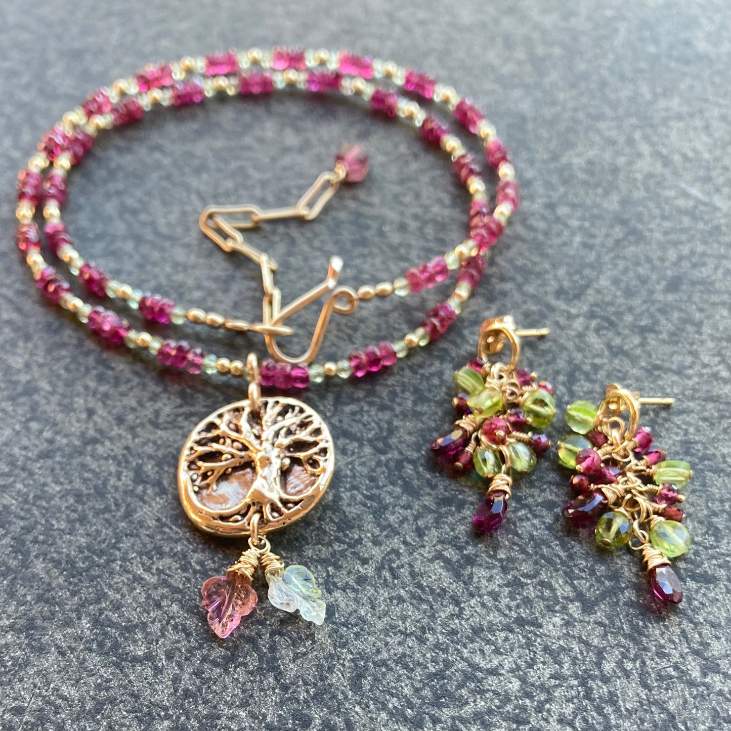 Rubelite Tourmaline, Peridot, Gold & Bronze Tree of Life Pendant Necklace