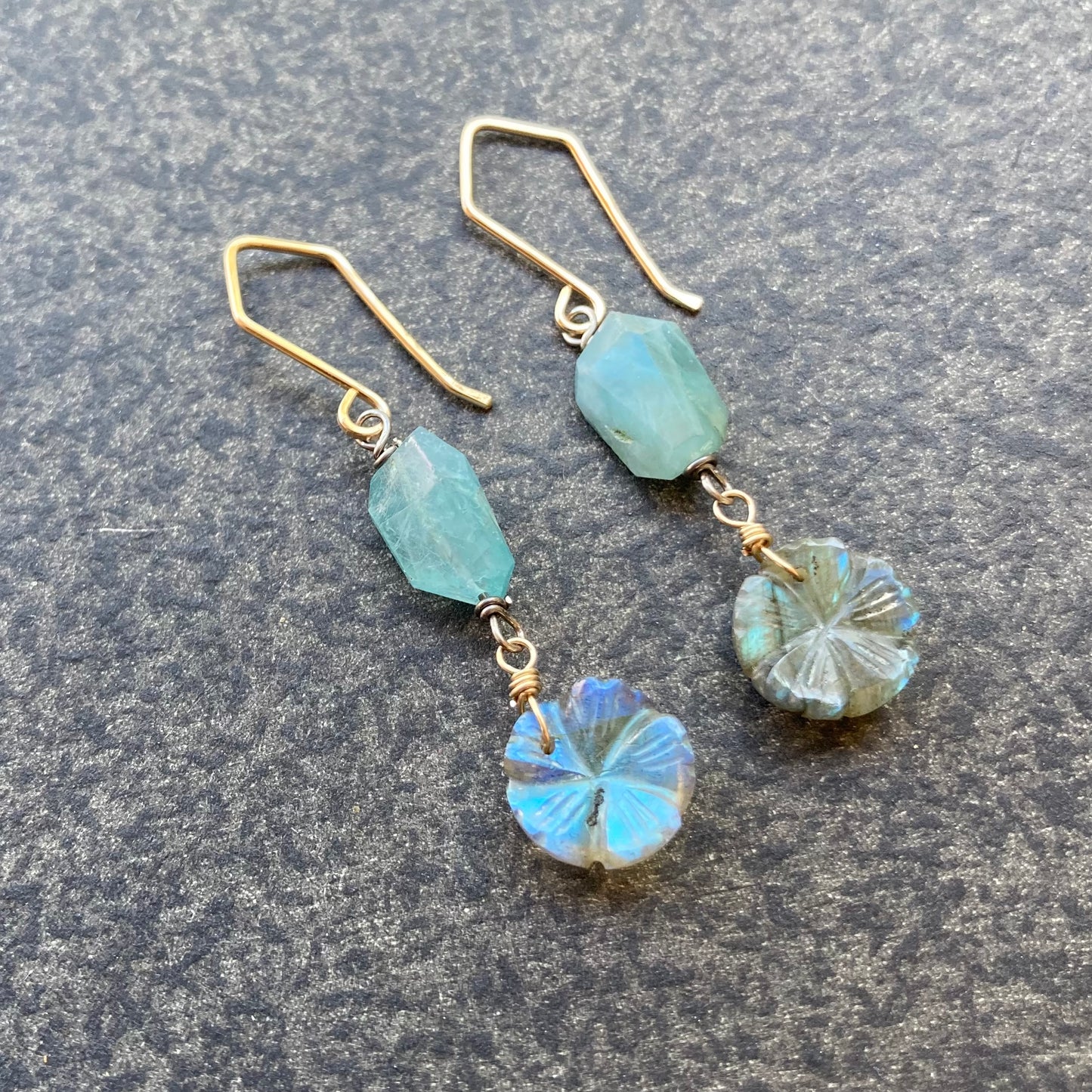 Grandidierite, Labradorite & Mixed Metal Flower Earrings