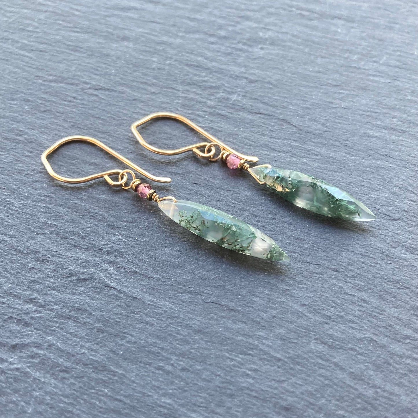 Moss Agate & Gold Marquis Earrings