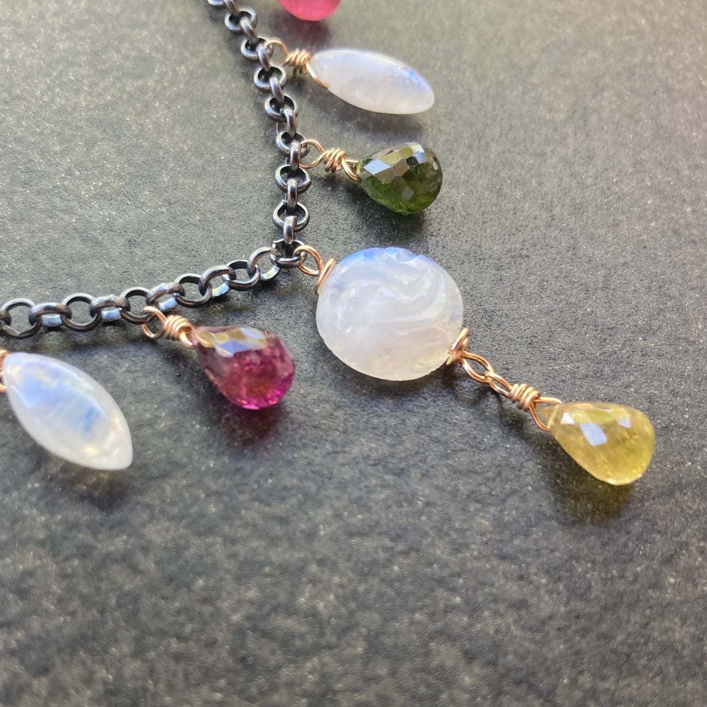 Rainbow Moonstone, Multicolor Tourmaline & Mixed Metal Full Moon Charm Choker