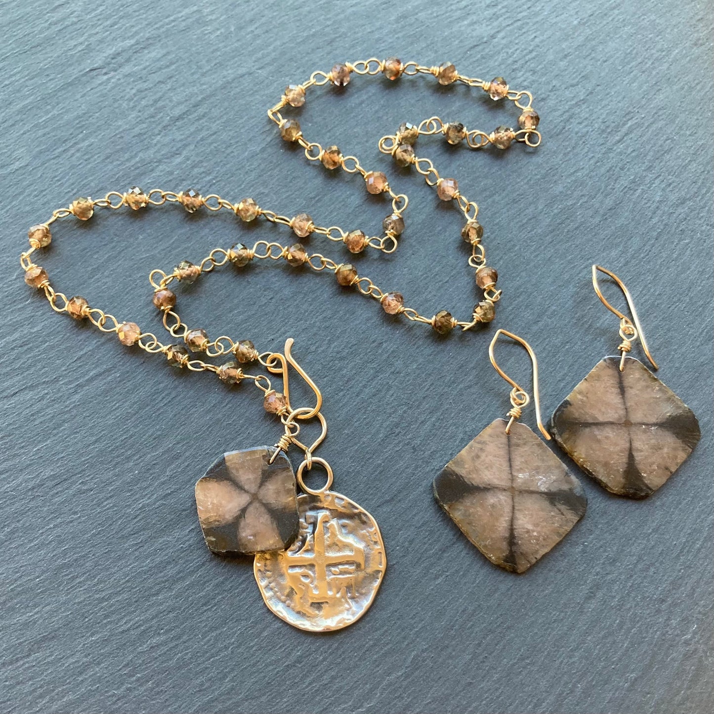 Andalusite, Chiastolite, Gold & Bronze Spanish Coin Necklace