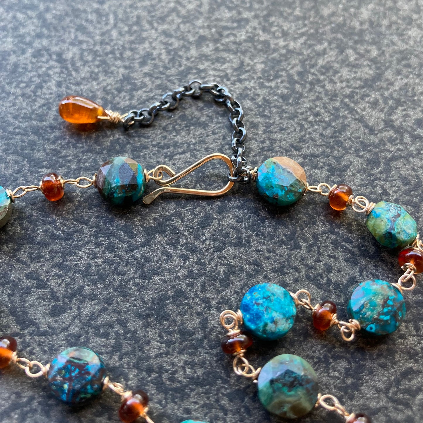 Natural Chrysocolla, Hessonite & Gold Necklace