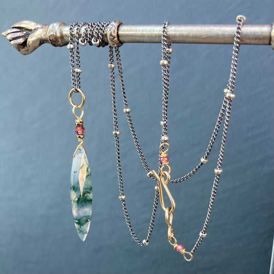 Moss Agate & Mixed Metal Marquis Pendant Necklace