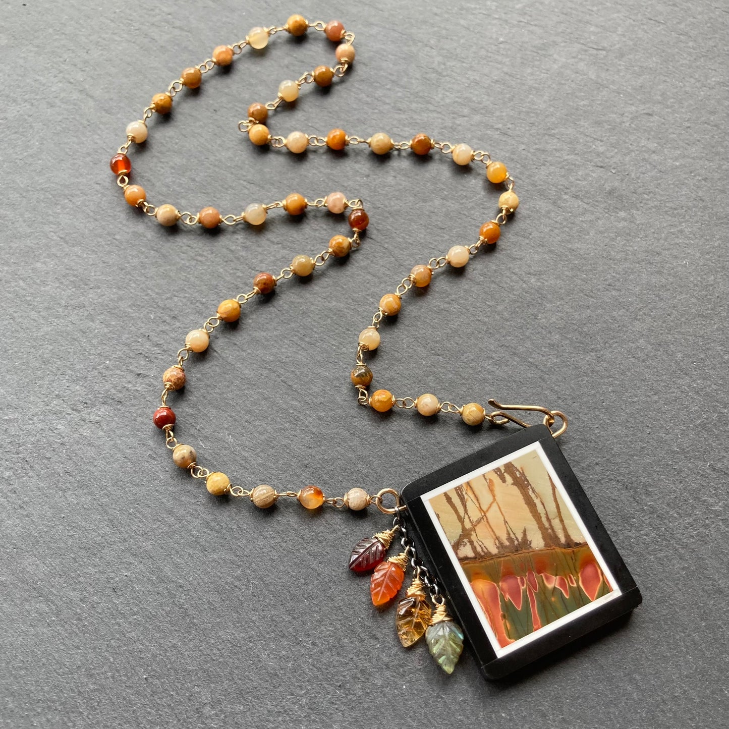 Fossil Coral, Gold & Red Creek Jasper Autumn Woods Pendant Necklace