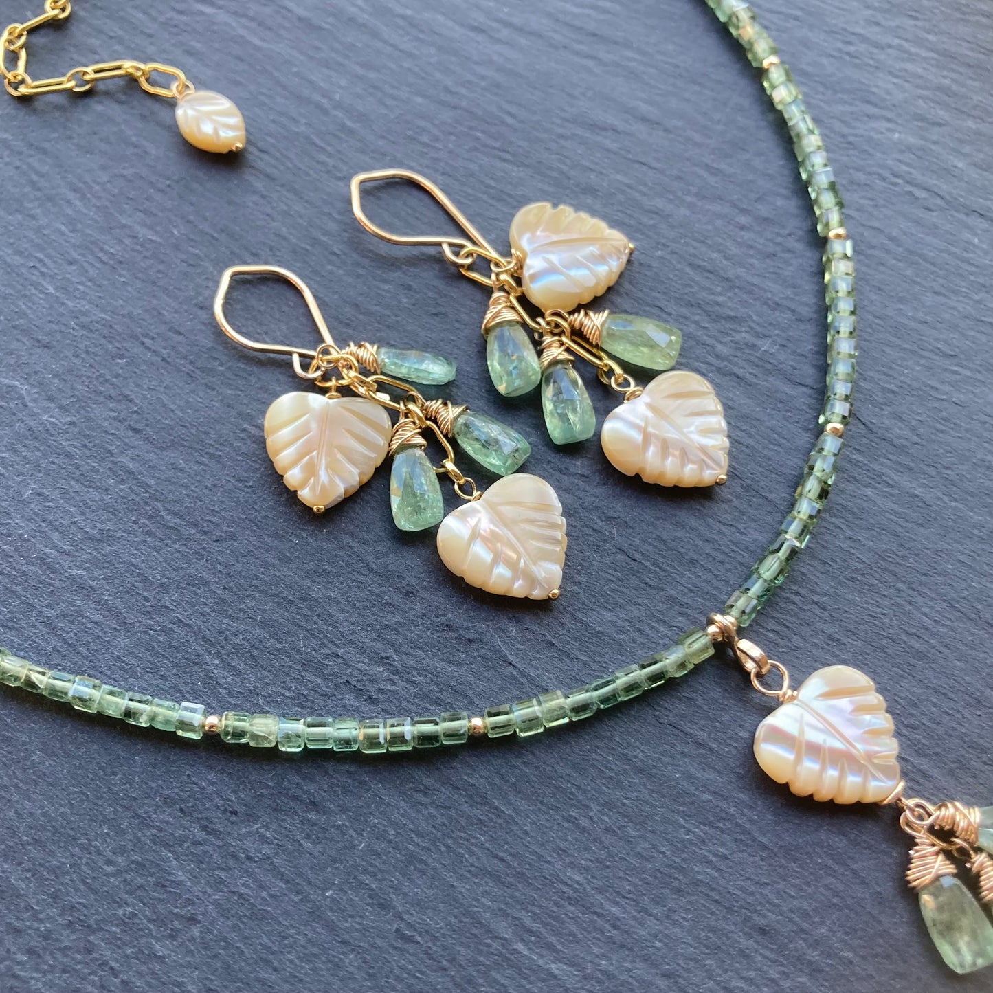 Mother of Pearl, Green Kyanite & Gold Palm Heart Earrings