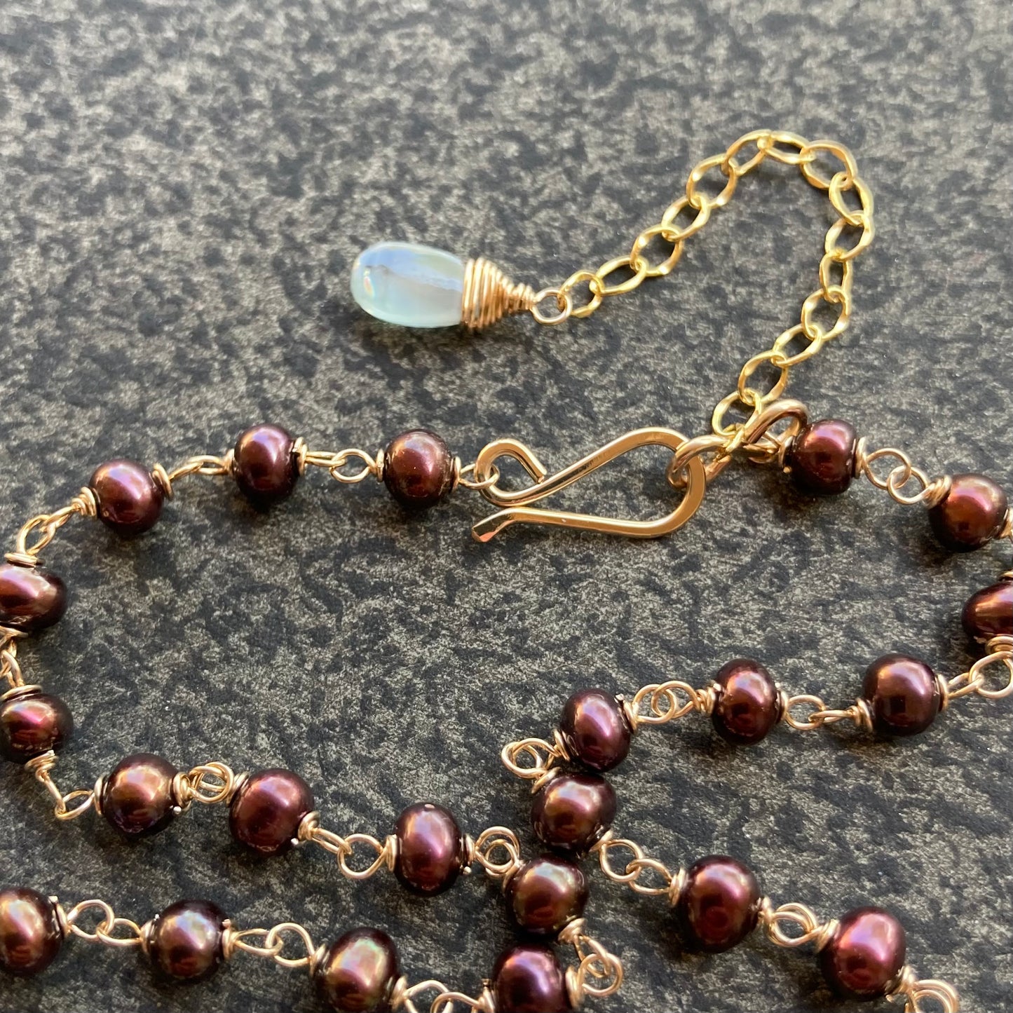 Aquamarine, Cranberry Freshwater Pearl, Rhodolite Garnet & Gold Flower Drop Pendant Necklace