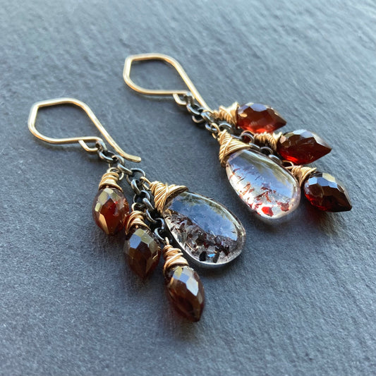 Lepidocrocite, Mozambique Garnet & Mixed Metal Cascade Earrings