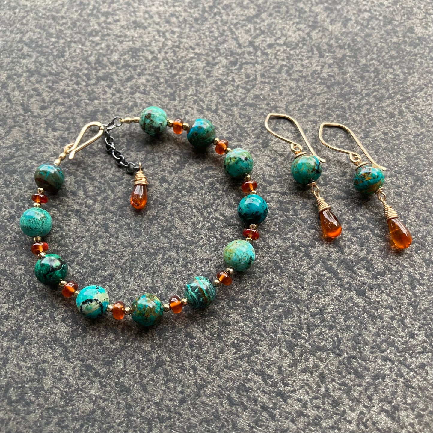 Chrysocolla, Orange Kyanite & Gold Earrings