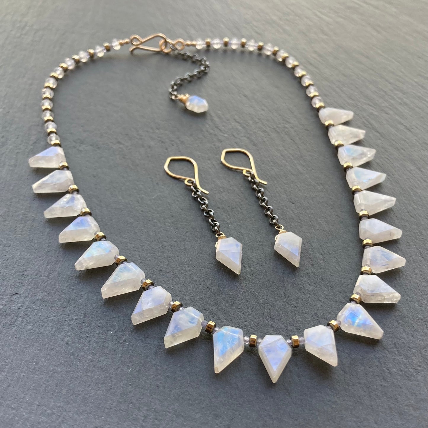 Rainbow Moonstone, Tanzanite & Mixed Metal Arrowhead Collar