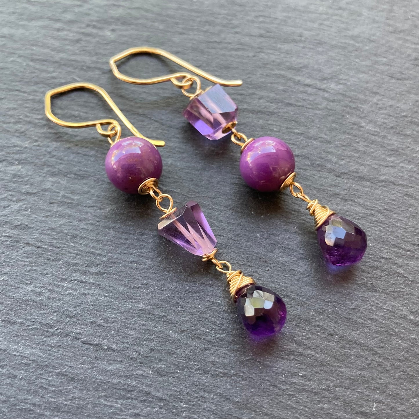 Phosphosiderite, Amethyst & Gold Earrings