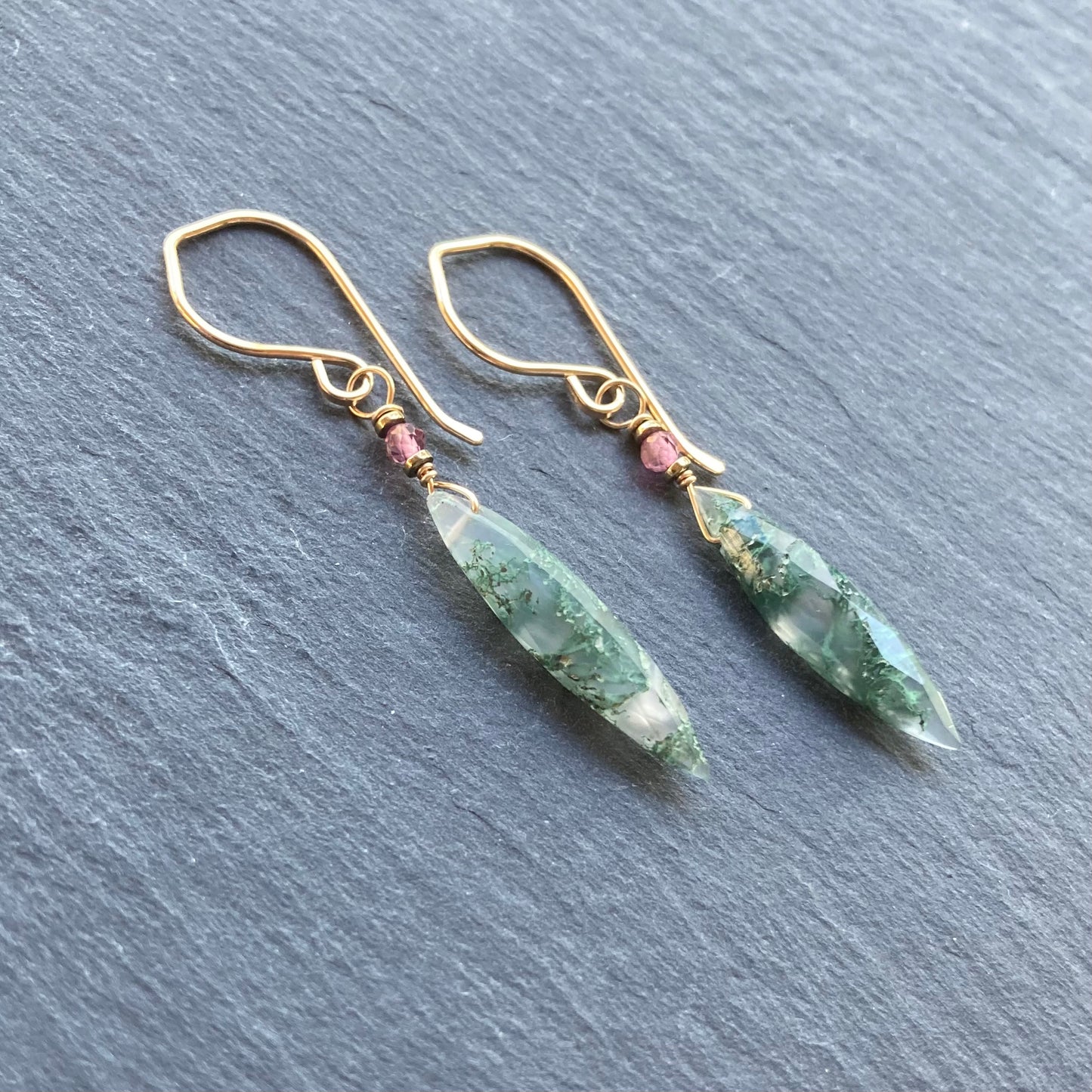 Moss Agate & Gold Marquis Earrings