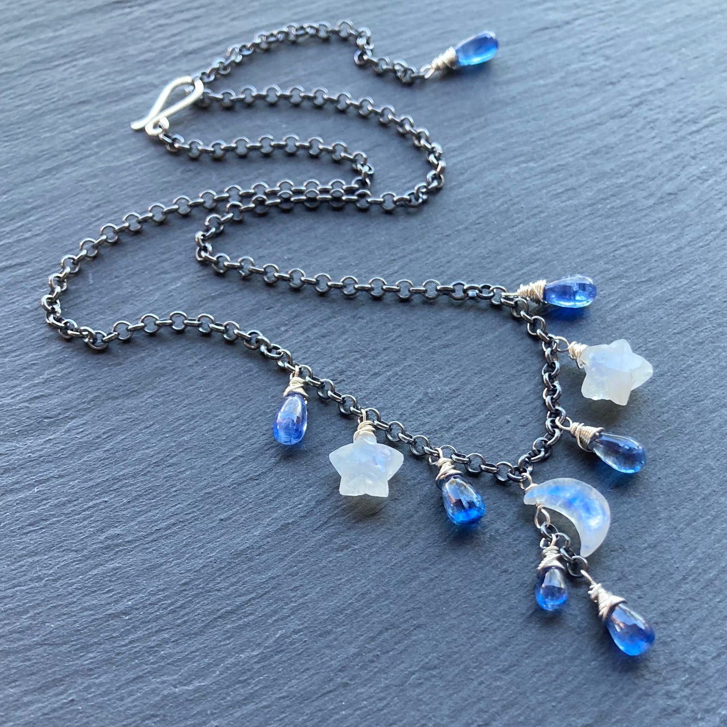 Rainbow Moonstone, Blue Kyanite & Sterling Silver Winter Solstice Charm Choker