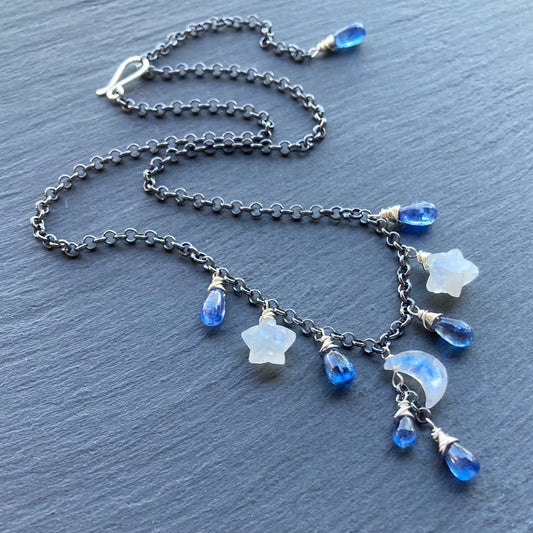 Rainbow Moonstone, Blue Kyanite & Sterling Silver Winter Solstice Charm Choker