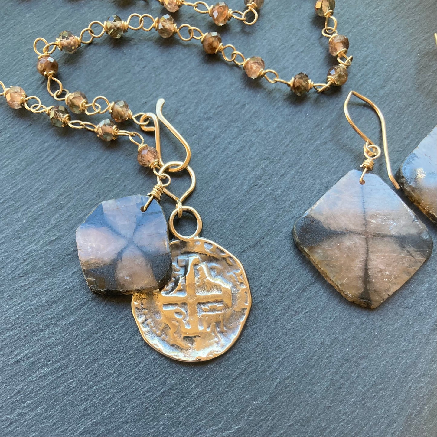 Andalusite, Chiastolite, Gold & Bronze Spanish Coin Necklace