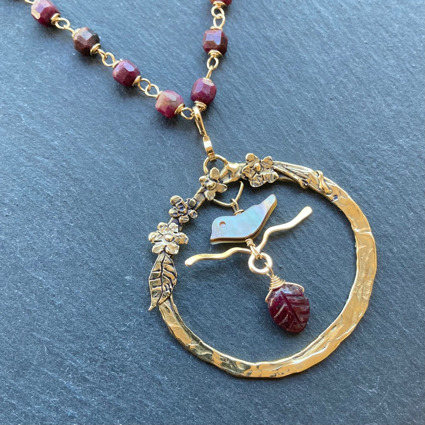 Natural Ruby, Black Mother of Pearl, Gold & Bronze Blossoming Plum Pendant Necklace