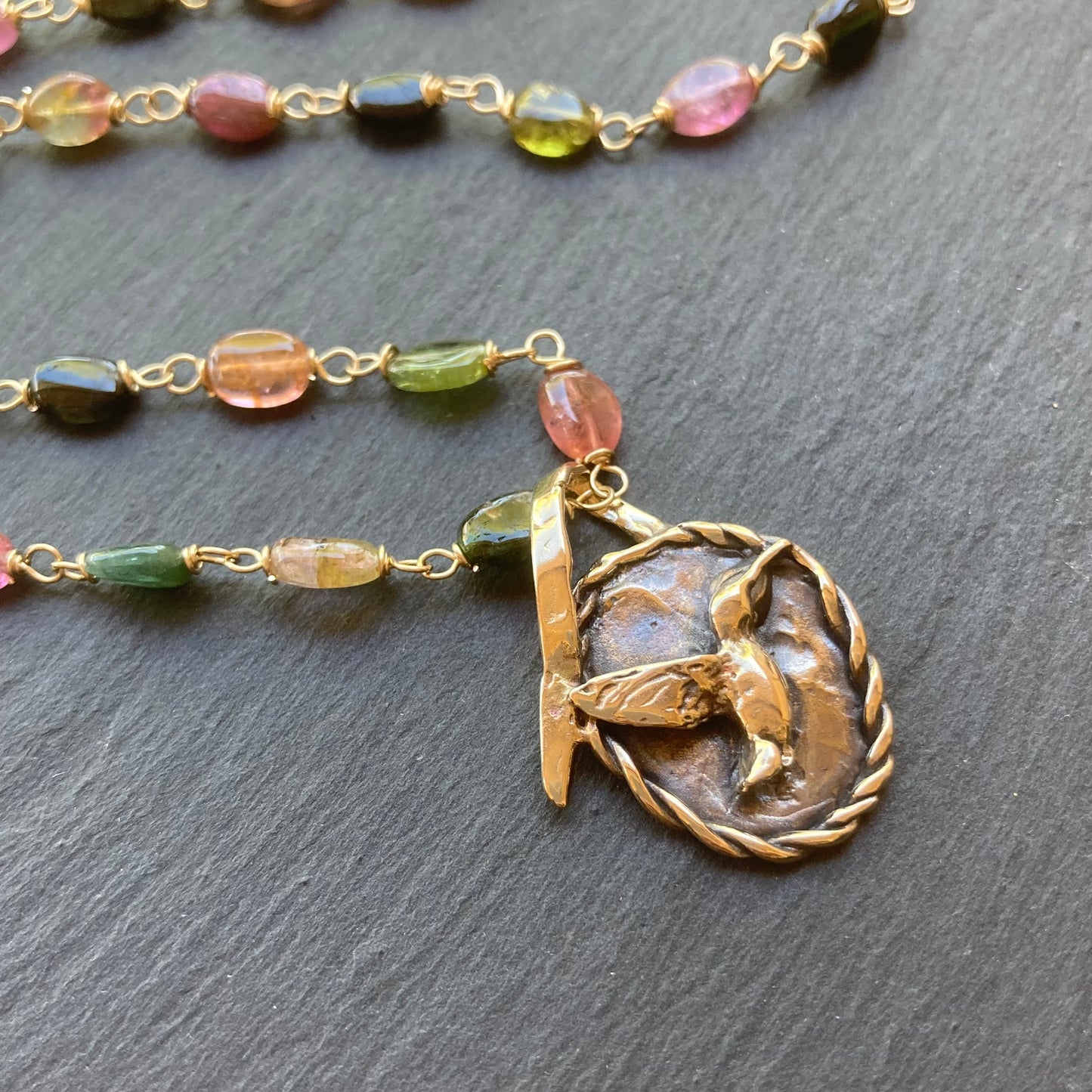 Multicolor Tourmaline, Gold & Bronze Hummingbird Pendant Necklace