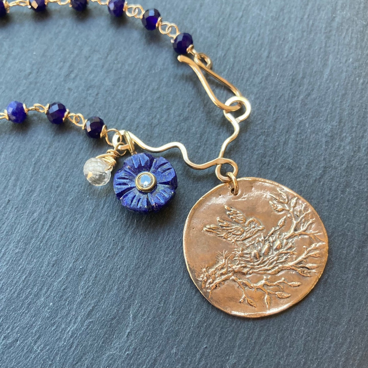 Sodalite, Gold & Bronze Fledgling Coin Charm Necklace