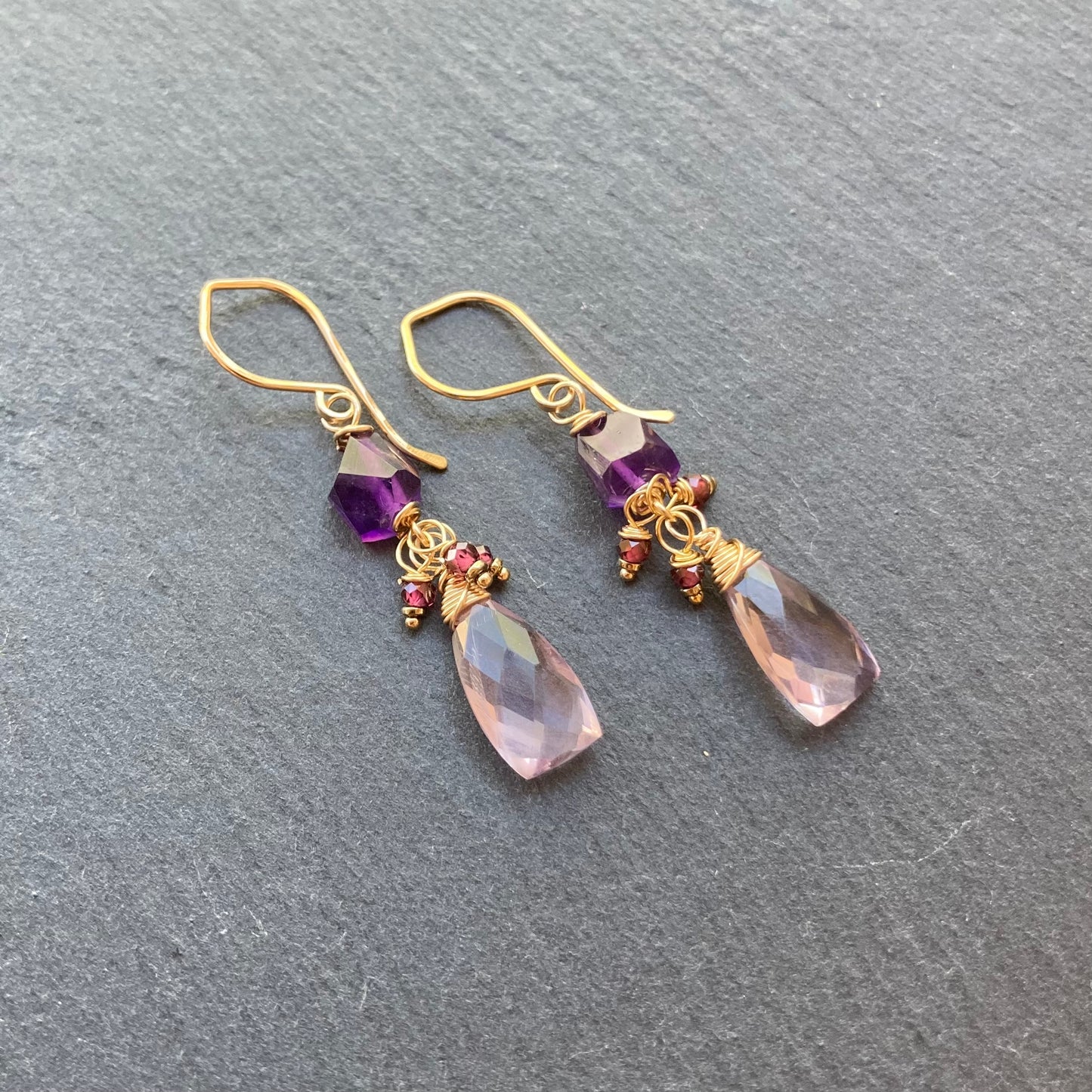 Amethyst, Rhodolite Garnet & Gold Earrings