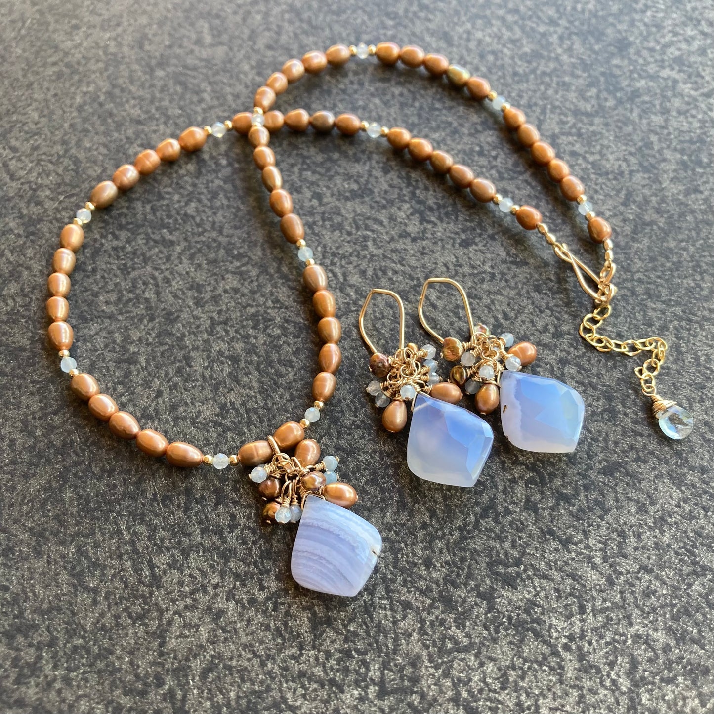 Blue Lace Agate, Copper Pearl & Aquamarine Pendant Necklace