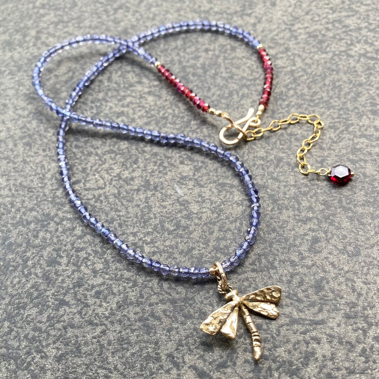 Iolite, Rhodolite Garnet & Bronze Dragonfly Pendant Choker