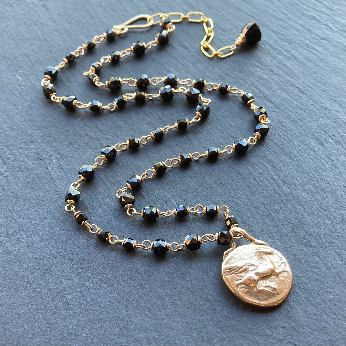 Black Spinel, Gold & Bronze Pegasus & Athena Stater Coin Necklace