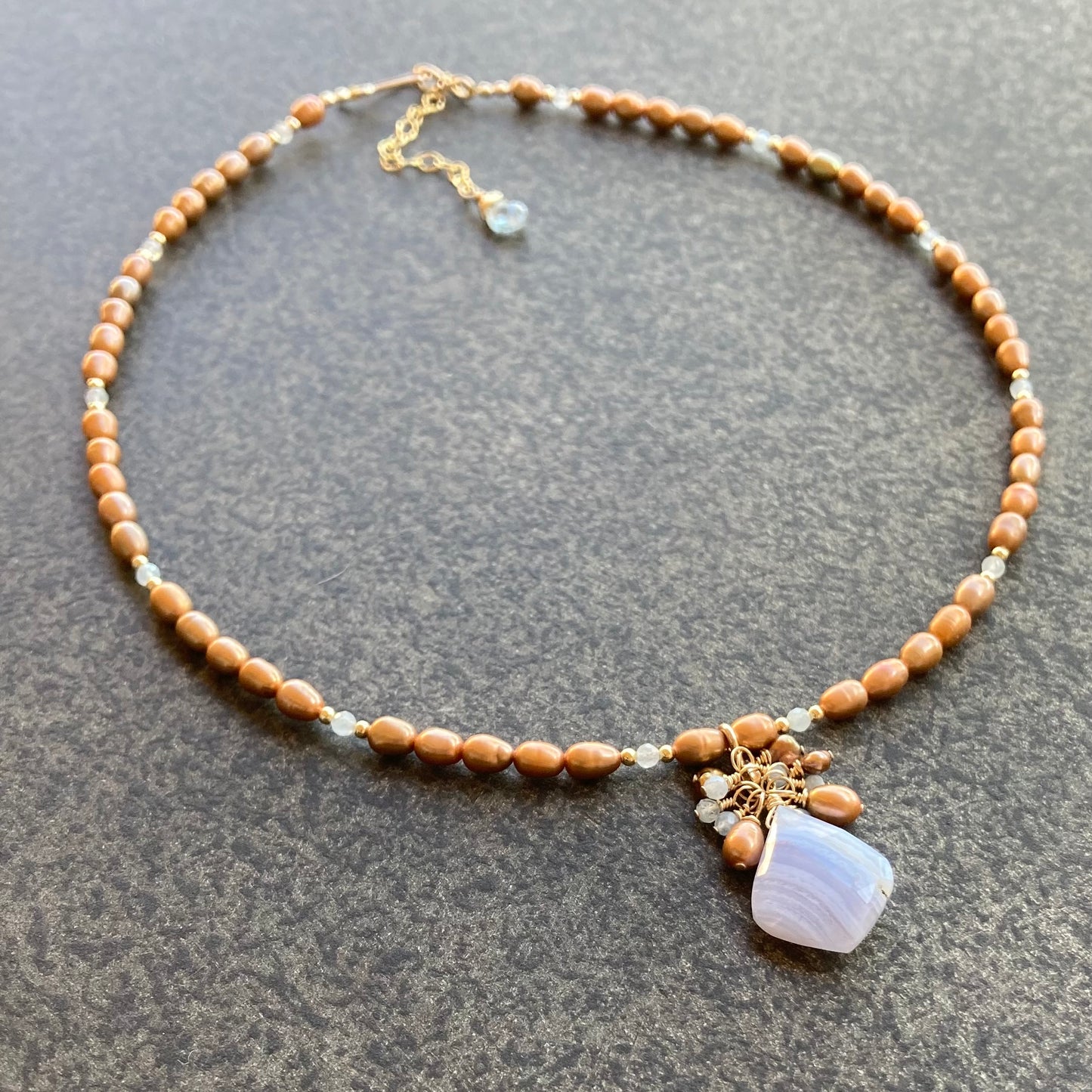 Blue Lace Agate, Copper Pearl & Aquamarine Pendant Necklace