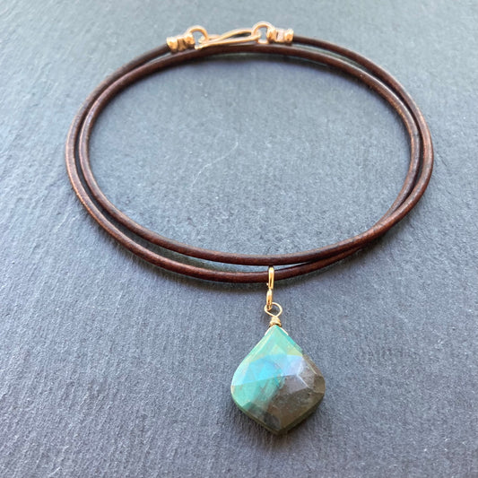 Chrysocolla & Gold Leather Choker