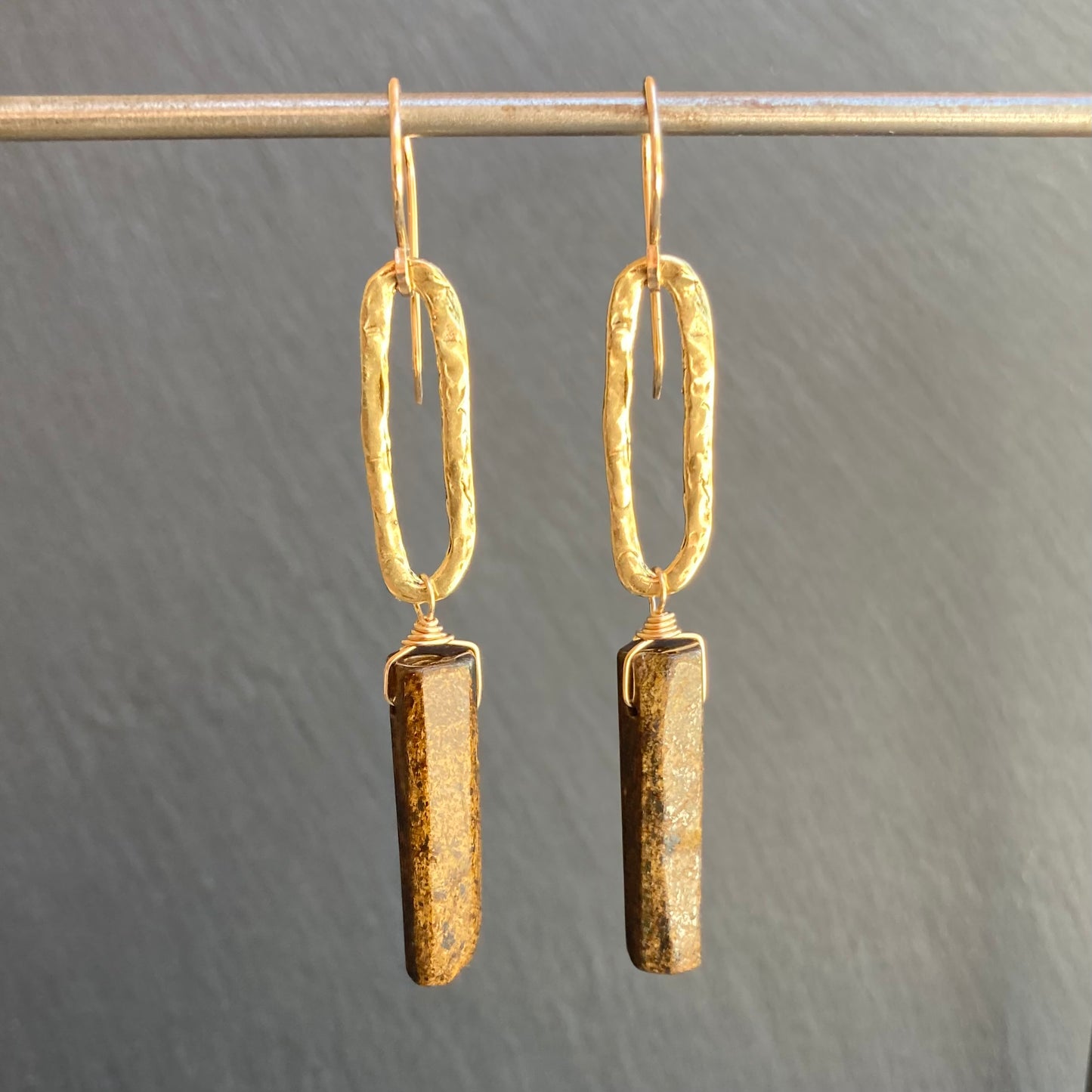Bronzite, Gold & Bronze Long Drop Earrings
