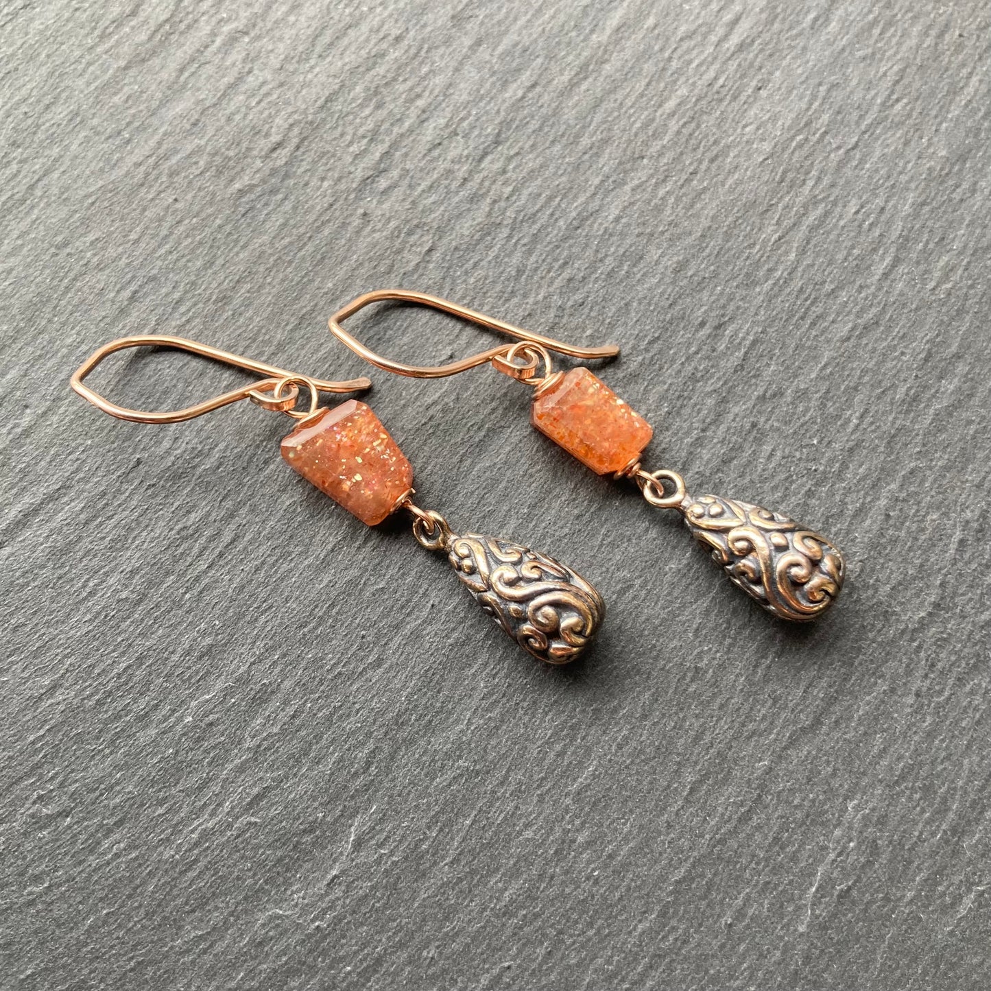 Sunstone, Rose Gold & Shibuichi Drop Earrings
