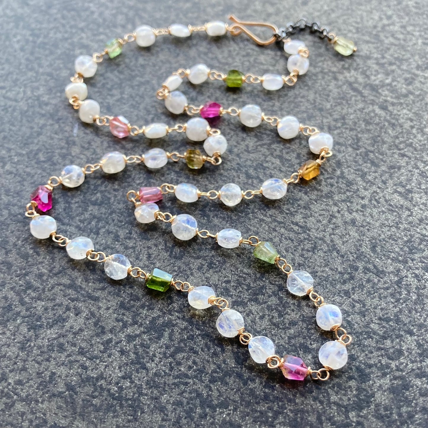 Rainbow Moonstone, Tourmaline & Gold Necklace